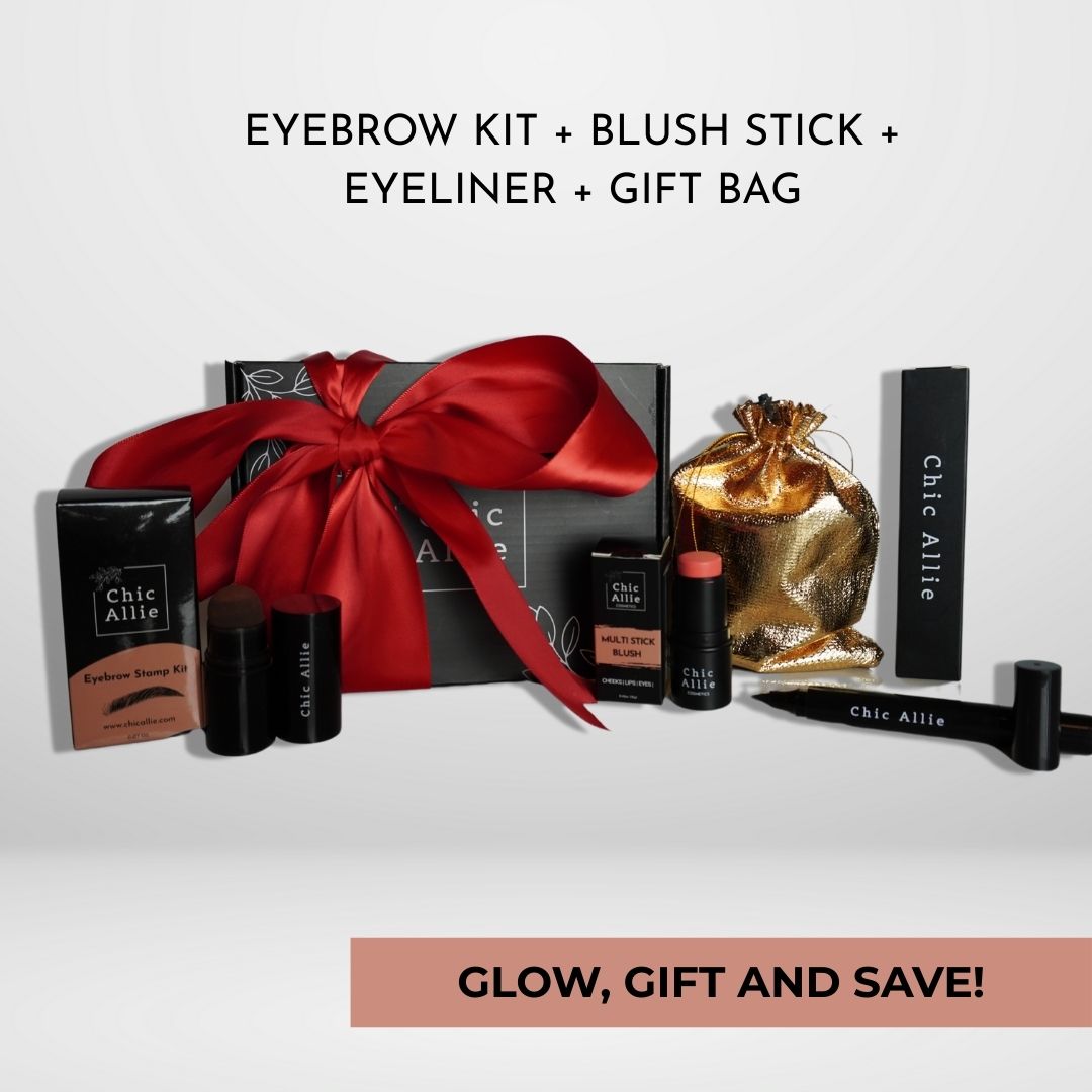 Chic Allie Cosmetics gift set with eyebrow stamp kit blush stick eyeliner and gift bag