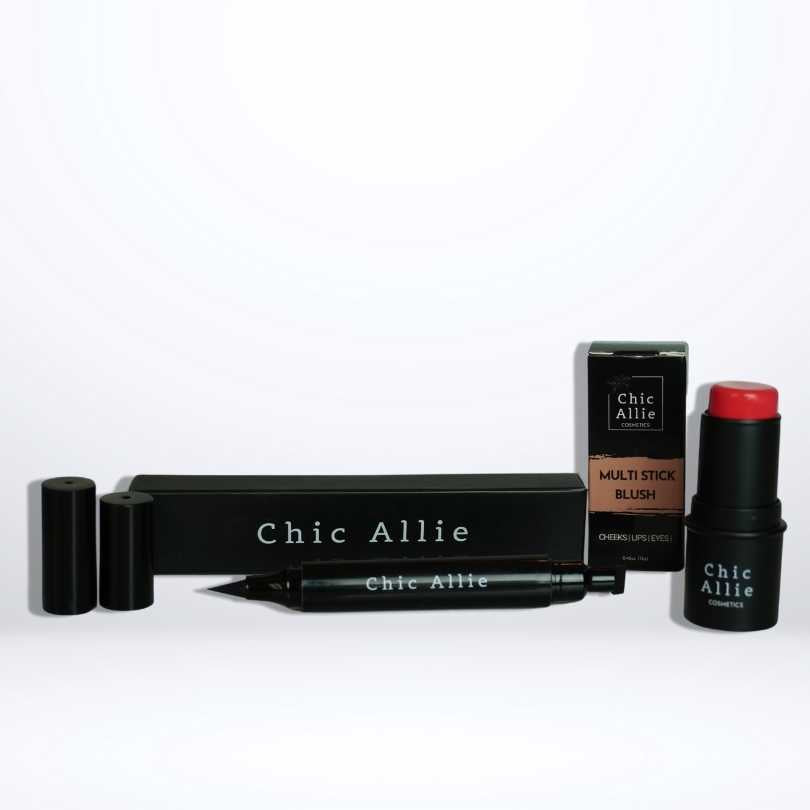chic allie black eyeliner and hot pink stick blush
